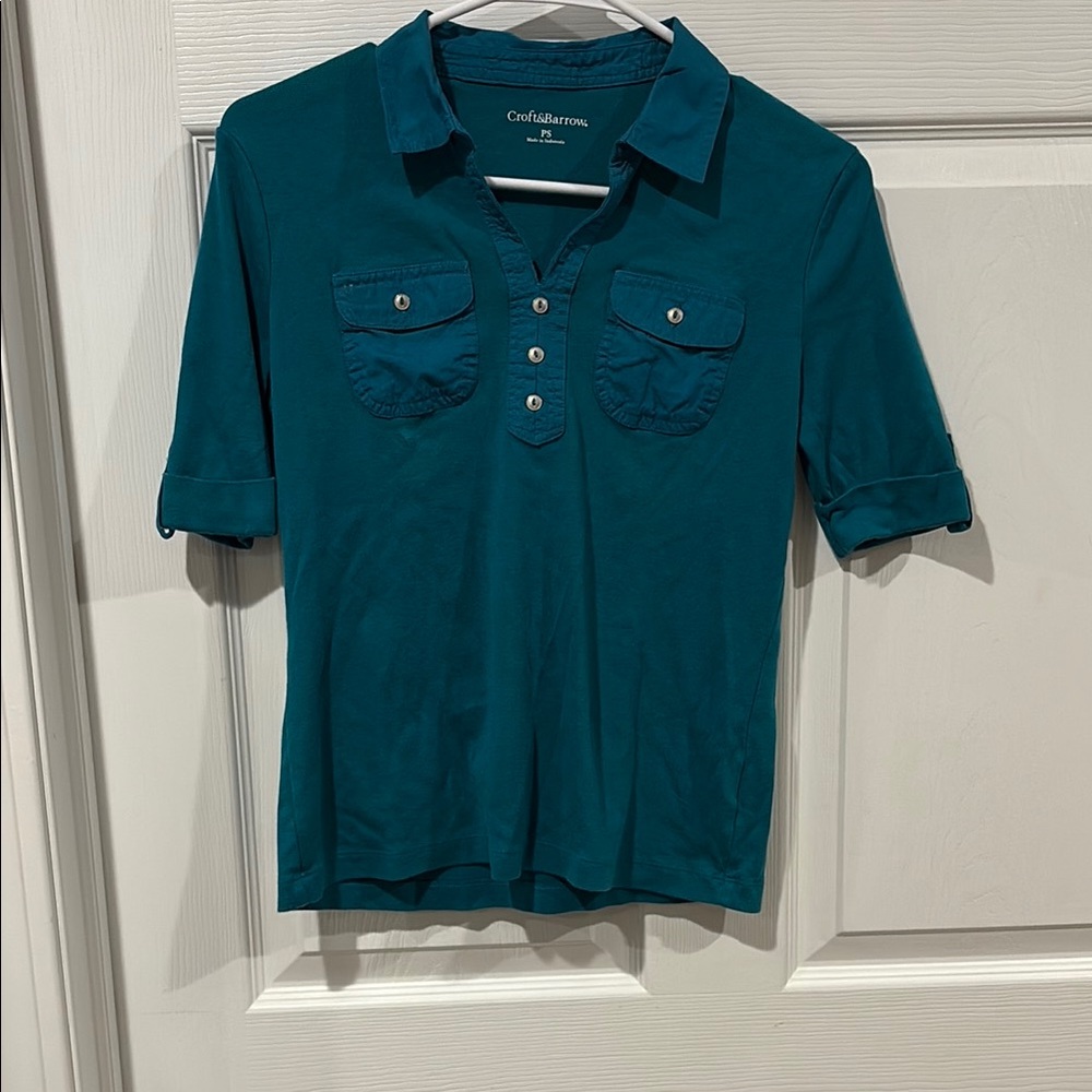 croft & barrow teal short-sleeve polo with flap chest pockets